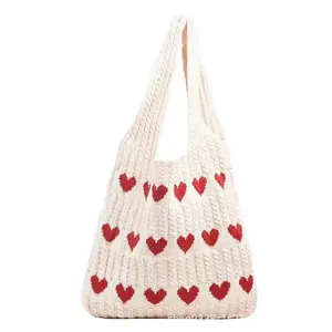 Crochet Tote Bag with Heart Pattern Handmade Boho Beach Bag for Women – Large Capacity Summer Vacation Essential