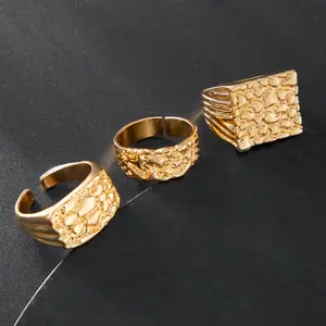 Set of 3 Nugget rings, wide square band, 14k gold plated wedding rings in classic Rock & Hip Hop style, Punk design, suitable for street style, everyday wear, unisex gift
