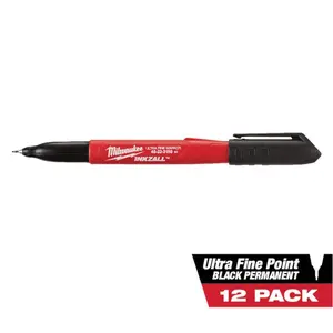 INKZALL Black Ultra Fine Point Jobsite Permanent Markers 0.5mm Tip 12-Pack Clog Resistant Quick Dry Anti-Roll Design with Hard Hat Clip