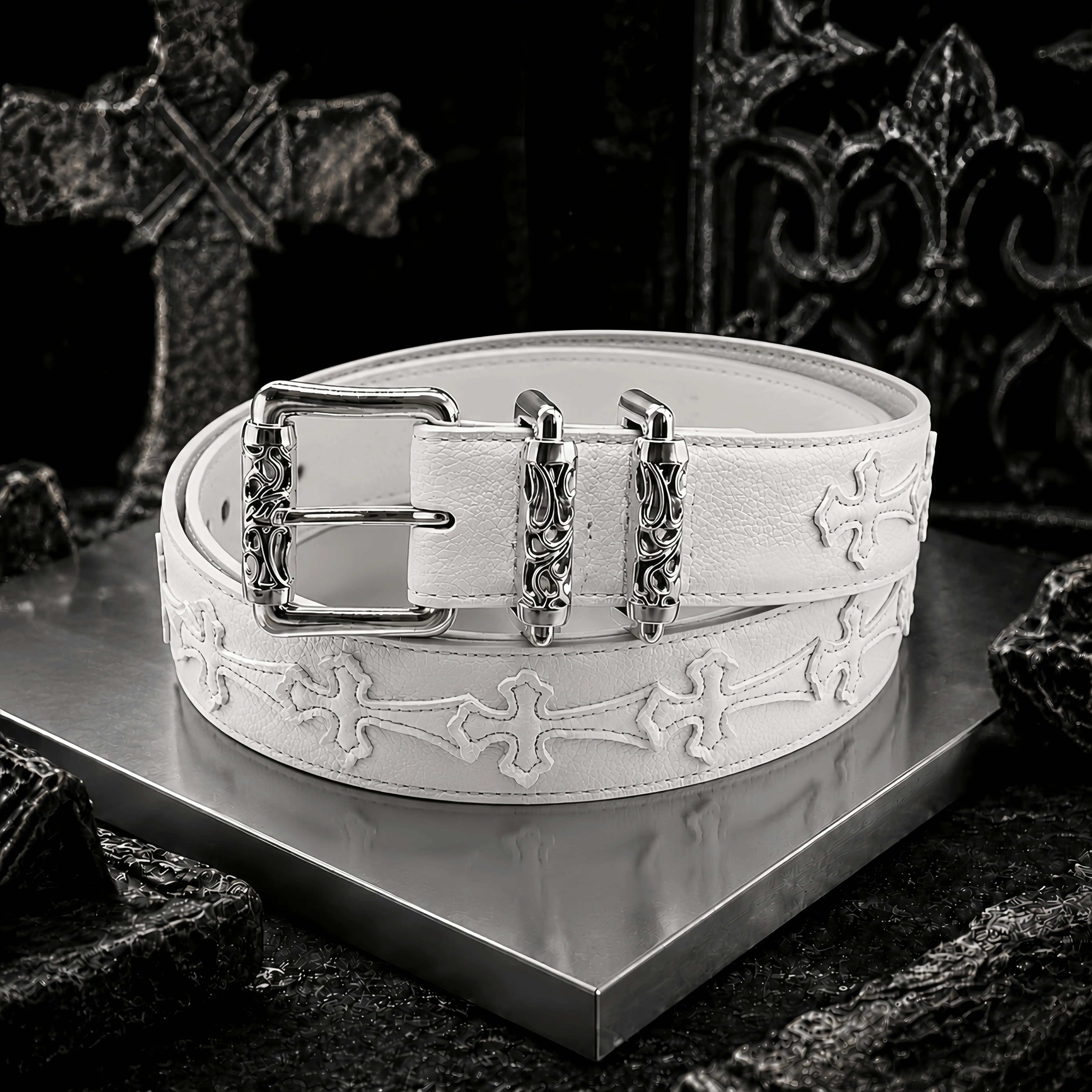 Gothic Cross Belt with Colorful Cross Details, Y2K Streetwear Statement Belt with Vintage Silver Buckle, Unisex Fashion Belt for Men and Women