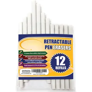 12 Pack of Retractable Pen Eraser Stick Refills - Latex-Free, White Vinyl, & Precision Erasing