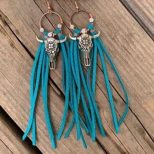 Fierce Fringe Couture Hypoallergenic Fringe Bullhead Earrings with Turquoise Beads and Leather Tassels