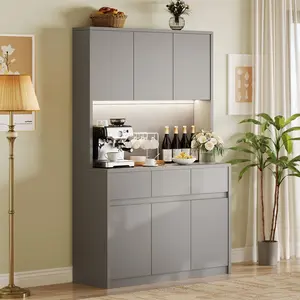 Modern Kitchen Pantry Cabinet – 71-inch Tall, Adjustable Shelves, LED Lighting, Built-in Charging Station, Durable Wood Storage for Kitchen, Dining Room & Entryway