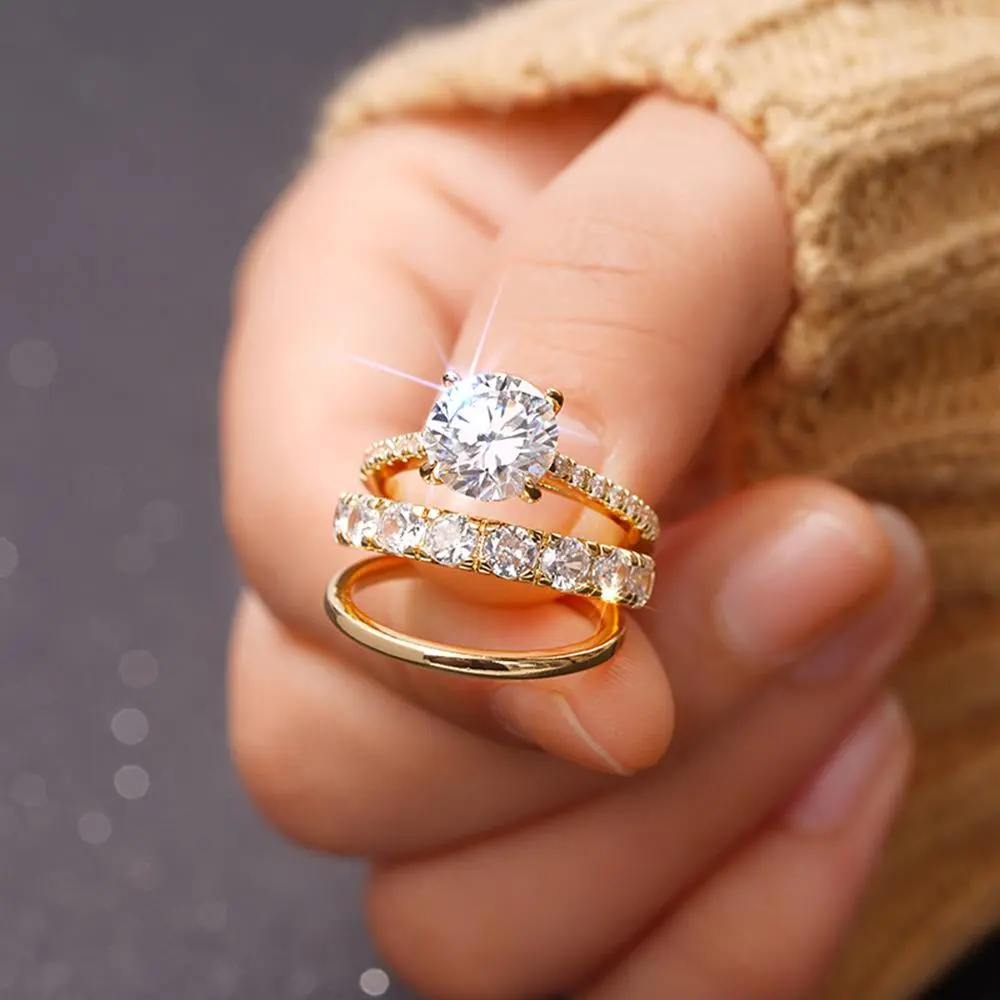 Three Piece Engagement Ring Set, Exquisitely Inlaid with Zircon, Fashionable, Evening Outfit, Wedding, Banquet, Date, Christmas Gift