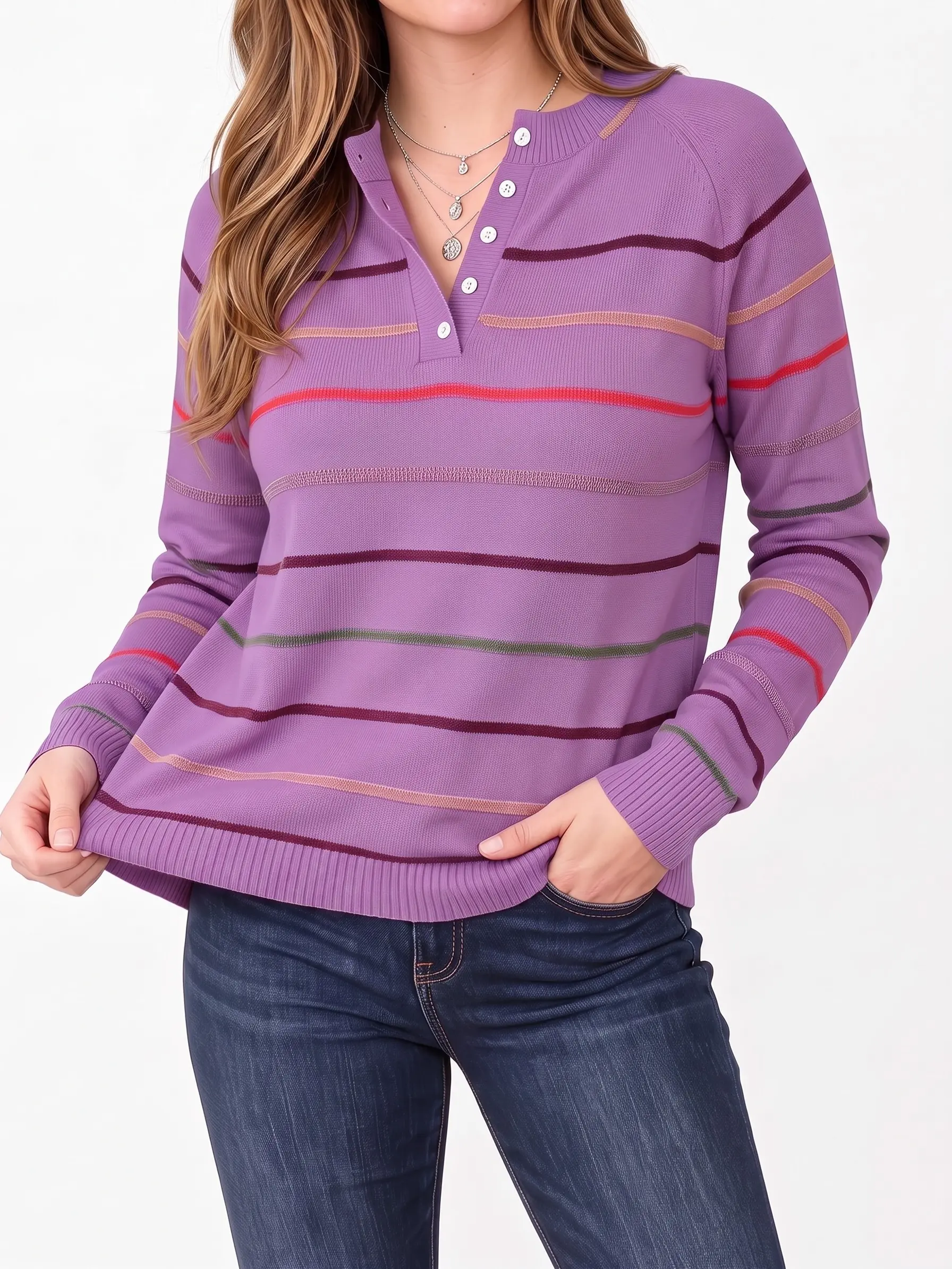 Shewin Women's Colorful Striped Henley Knit Top Round Neck Raglan Long Sleeve Half Button Loose Lightweight Everyday Casual Pullover Button Front Knitwear Half Button Sweaters