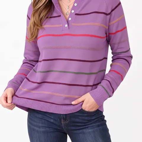 Shewin Women's Colorful Striped Henley Knit Top Round Neck Raglan Long Sleeve Half Button Loose Lightweight Everyday Casual Pullover Button Front Knitwear Half Button Sweaters