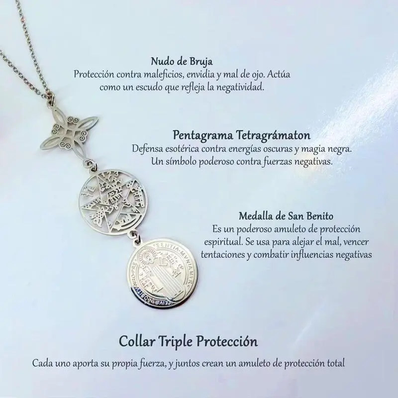 Triple Protection Necklace With Witch Knot Pentagram Tetragrammaton St. Benedict Stainless Steel Spiritual Symbol Amulet Jewerly Triple Protection Necklace With Witch Knot Pentagram Tetragrammaton St. Benedict Stainless Steel Spiritual Symbol Amulet Jewerly