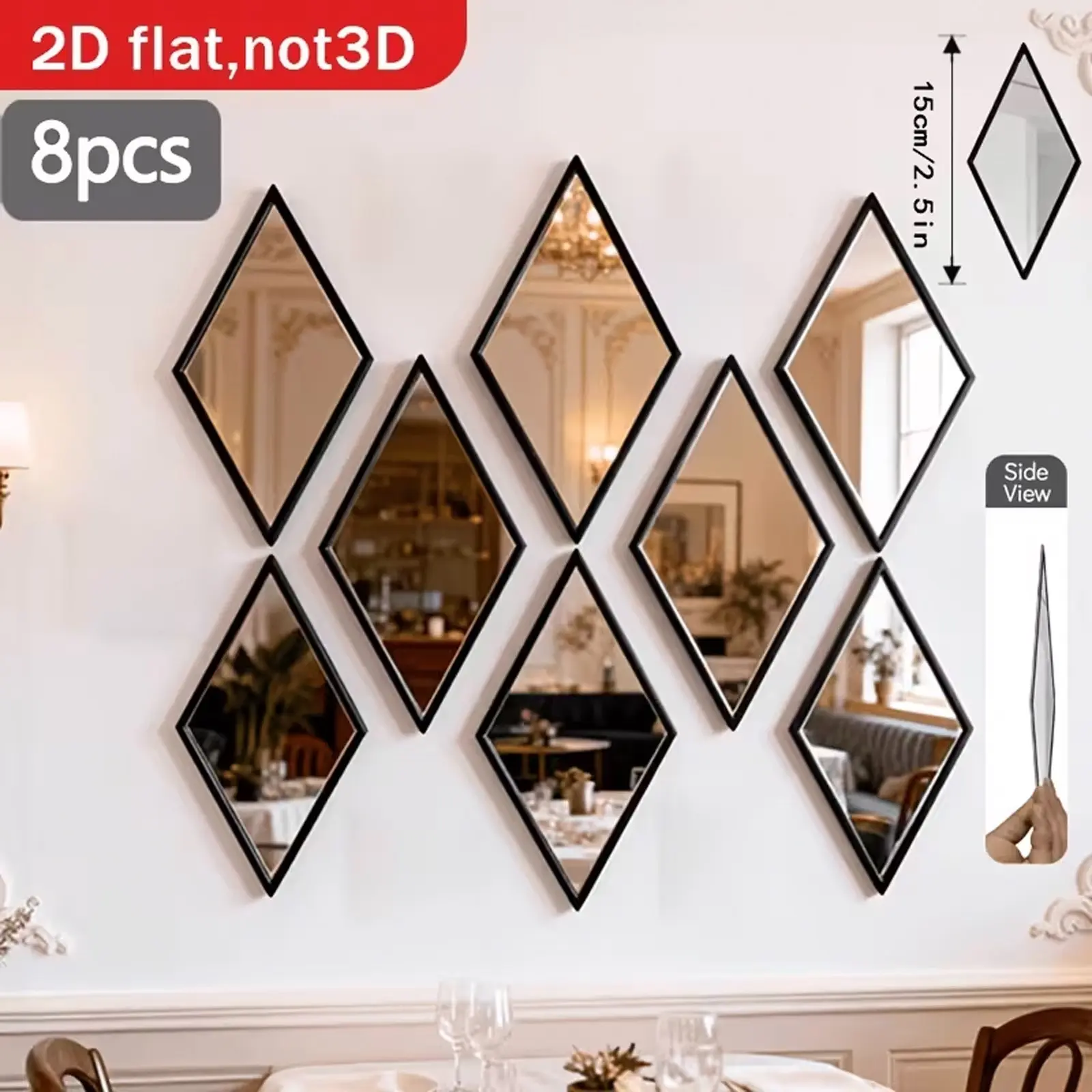 8-Piece Dual-Layer Rhombus Mirror Wall Stickers, Border Acrylic Self-Adhesive Mirrors, Easy Peel and Stick, Bright Reflective Surface, Decorative Decoration, Room Decor