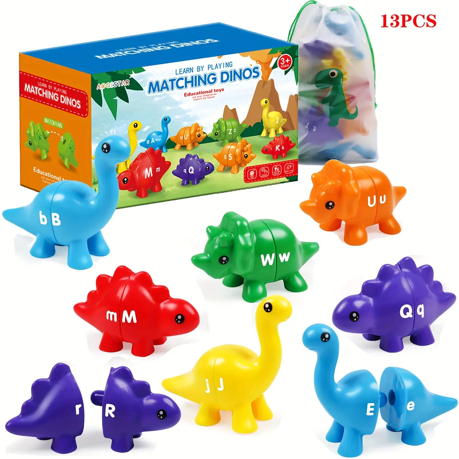 Matching Dinos 13-Piece Dinosaur Snap-Together Toy Alphabet Learning Puzzle for Kids Ages 3+ Gender Neutral Educational Fidget Toys for Boys & Girls -