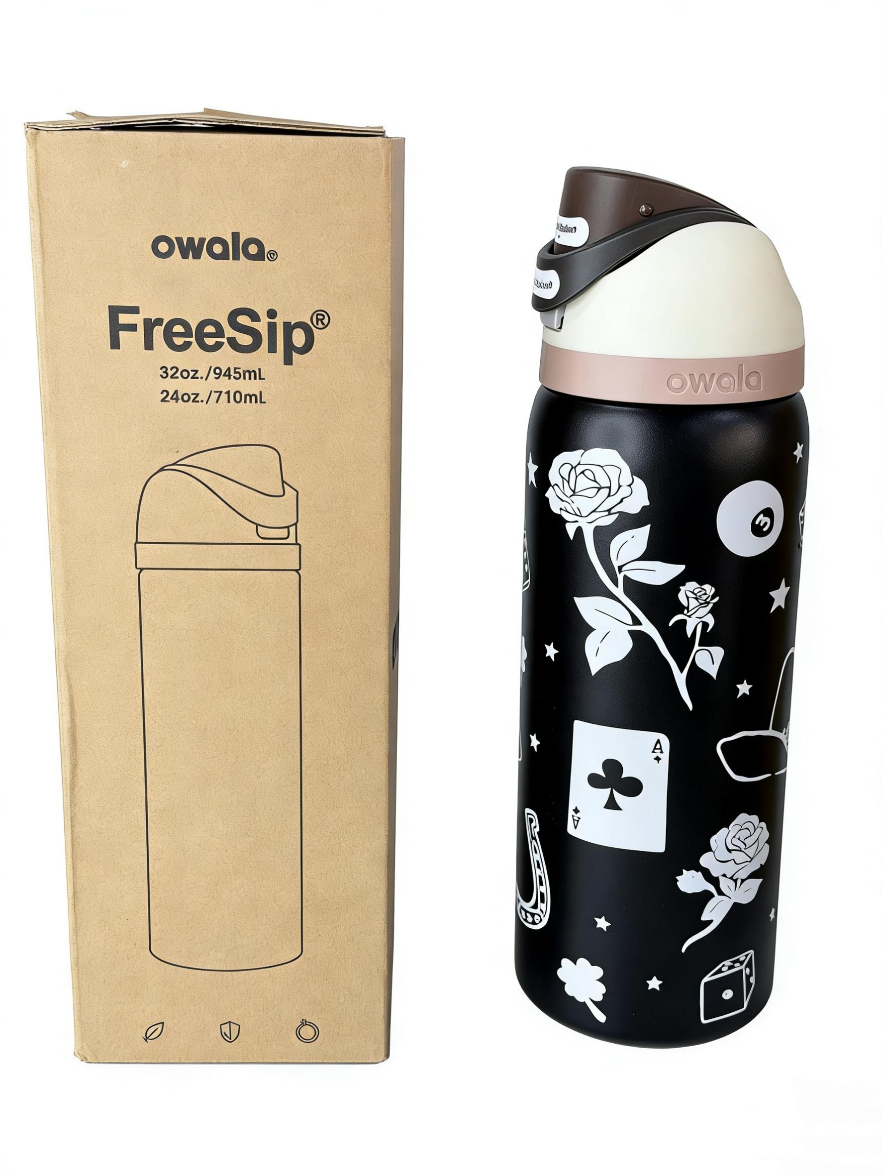 Owala FreeSip Insulated Stainless Steel Water Bottle 32oz Dice & Roses Limited Edition Portable Straw Reusable Drinkware Flasks TumblerBottled Mug