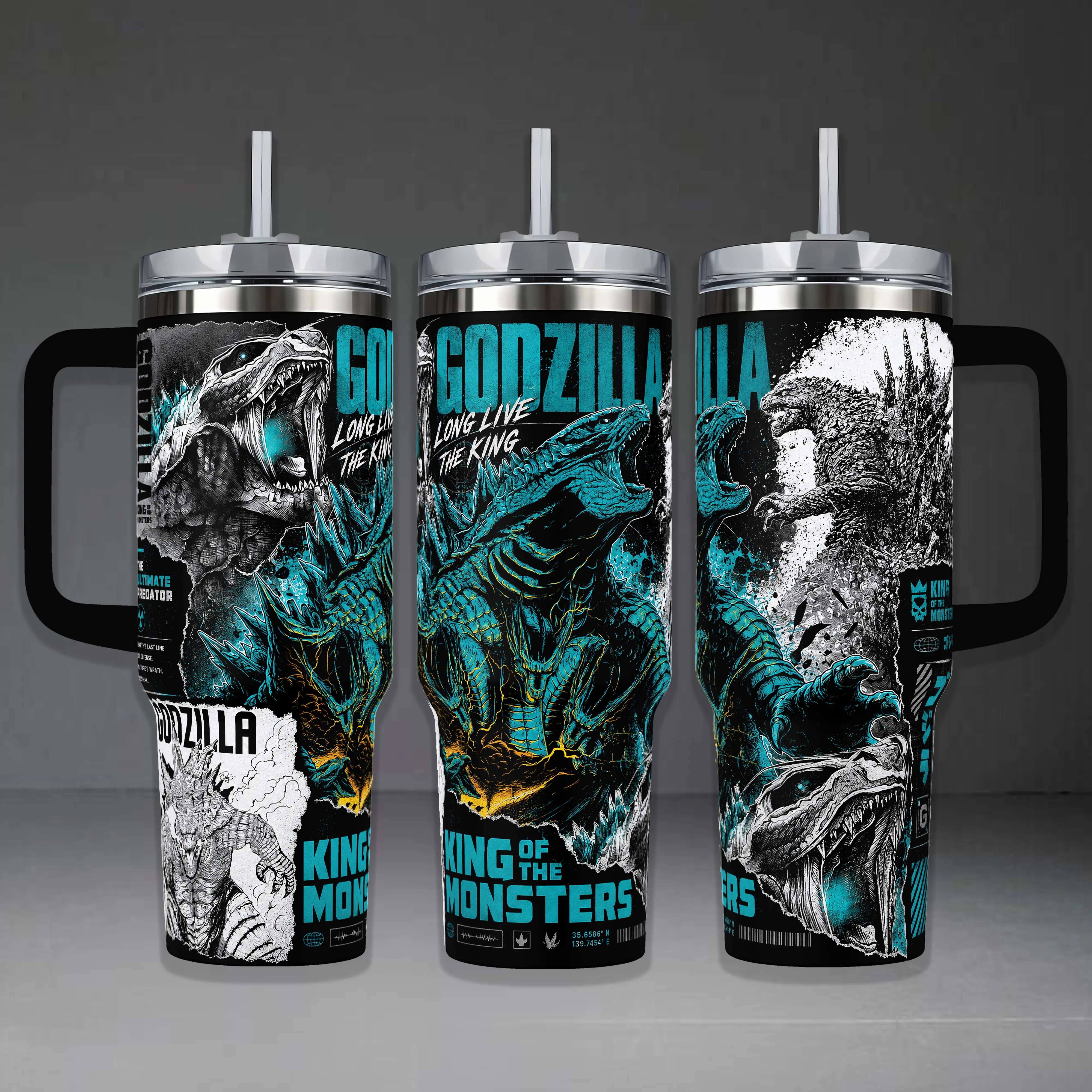 Godzilla King of the Monsters Kaiju Printed Stainless Steel Insulated Water Bottle Tumbler, Blue-Black Reusable Cup with Silicone Straw Lid, 20oz/40oz Sizes + 40oz Handle Option, Bottles, Water Bottles