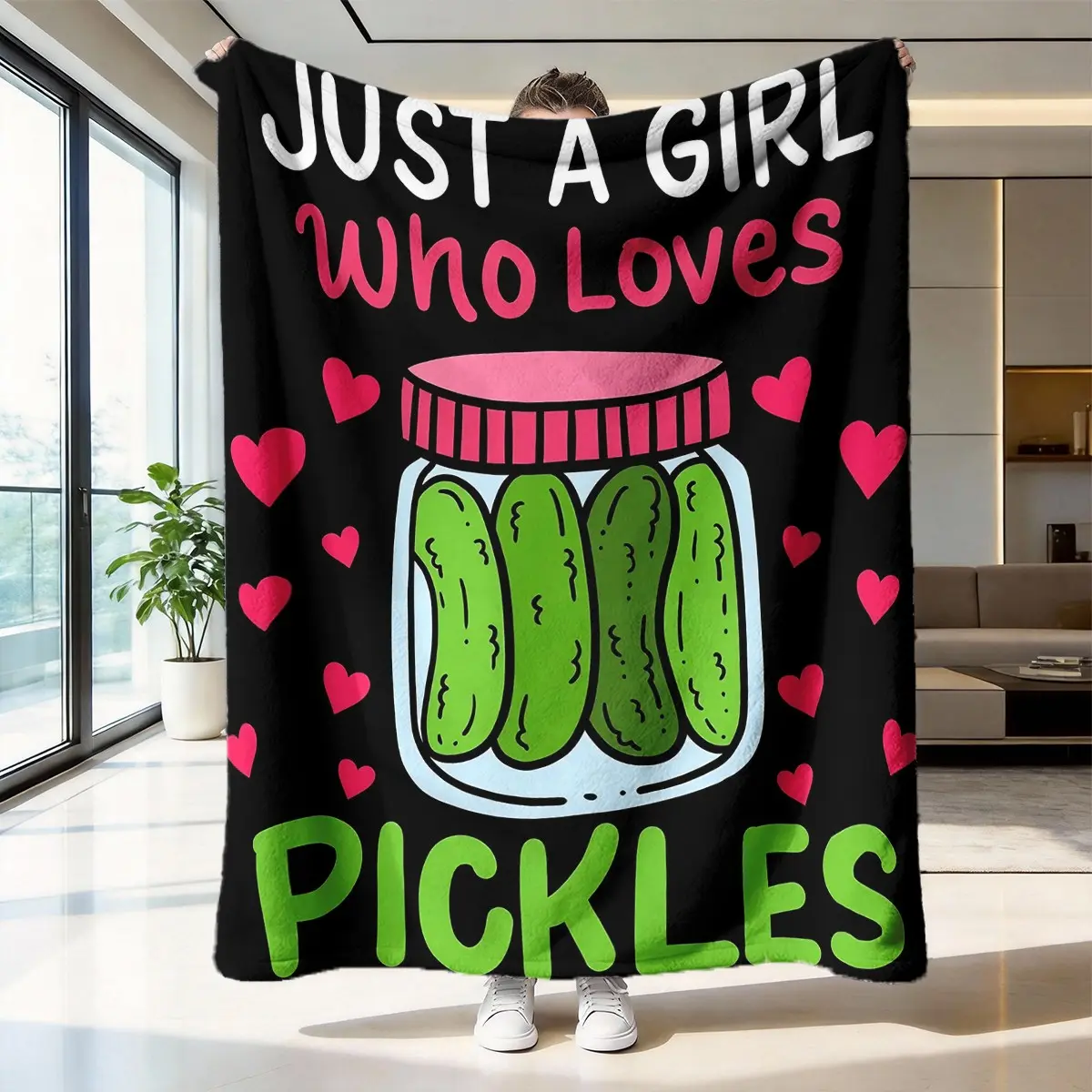 Just a Girl Who Loves Pickles Polyester Flannel Blanket - Soft, Warm, Cozy Home Essential for House Decor, Home Office - Quirky Fun Gift for Pickle Jar Enthusiasts, Stain Resistant