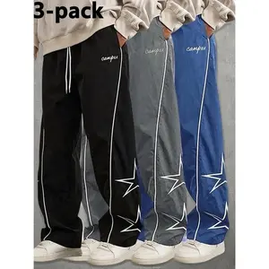 3-pack loose-fitting sweatpants for men. Star-patterned embroidered design for comfort. Sports casual bottoms. Workout pants. Streetwear. Autumn apparel. Men's fitness tracksuit. SpringStatements