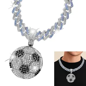 Sliver Gold Football Pandent with Rhombus Cuban Link Chain Hip Hop Rapper Pendant Chain and Football Pendant Wide Chain Miami Diamond Pendant Necklace Jewelry Gifts for Men Women Football Sports Lovers