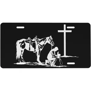 Cowboy Horse Cross Praying Front License Plate 6x12 – Christian Western Vanity Tag for Car Truck SUV – Religious Gift with 4 Holes