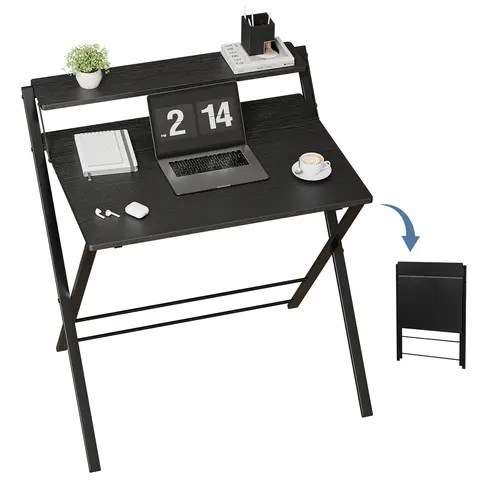 Sweetcrispy Minimalist 1.5in Slim Foldable Functional Table - No Assembly Needed, 2-Tier Compact with Shelf, Single-User Home Office Workstation, Computer PC Desk, Space-Saving Furniture for Small Spaces, Residential Study Desk