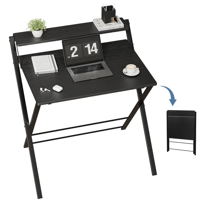 Sweetcrispy Minimalist 1.5in Slim Foldable Functional Table - No Assembly Needed, 2-Tier Compact with Shelf, Single-User Home Office Workstation, Computer PC Desk, Space-Saving Furniture for Small Spaces, Residential Study Desk