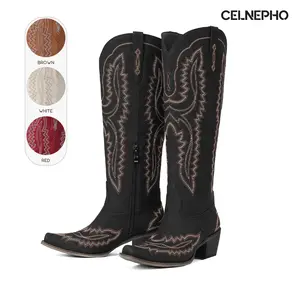 CELNEPHO Women Cowboy Boots Pointed Toe Embroidery Western Knee High Booties Chunky Block Heel Side Zipper Closure Vintage Country Cowgirl Boot Easy Pull on Wide Calf for Work Wedding Outdoor Events Gift Riding Dress Shoes