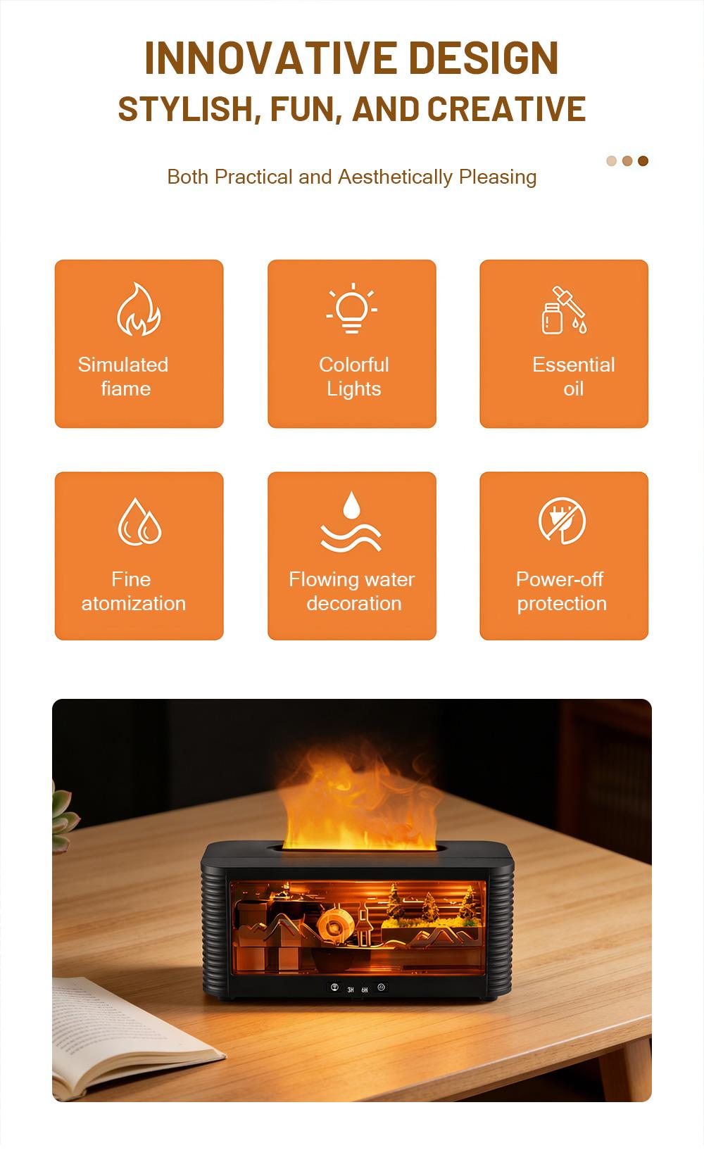 Real Flowing Water Flame Humidifier Water Drop Aroma Diffuser Waterless Auto Off Timer Mist Essential Oil Diffuser For Home Bedroom Office Relaxation Sleep Aromatherapy Fragrance Gift