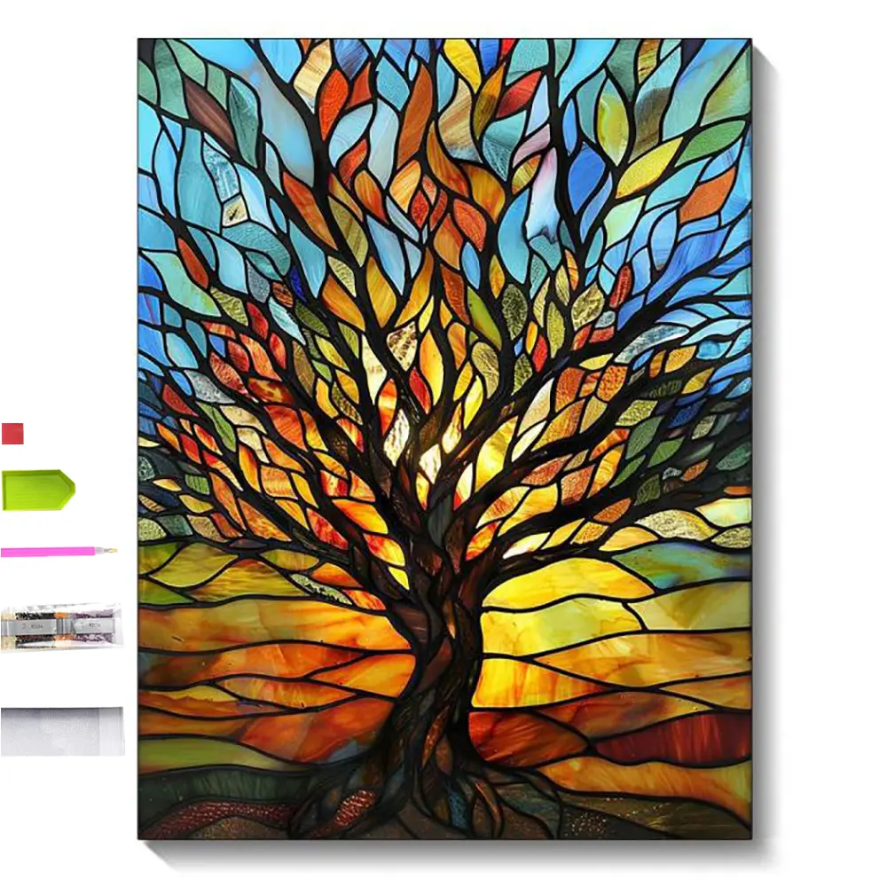 5D DIY Diamond Painting Kit - Colorful Glass "Tree of Life" Handmade Needlework, Thoughtful Gift for All Ages, Boosts Focus, Builds Confidence, Bedroom Home Decor