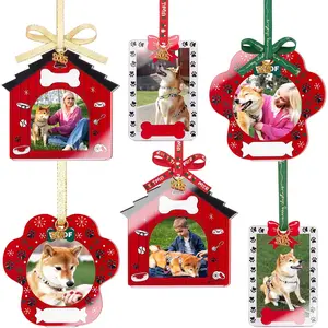Pet Christmas  Picture Frame Ornaments for Display Picture, 6 count Red White  House/Paw/  Festive  Decoration, Double-Sided Photo Frames for   Lovers  Owners