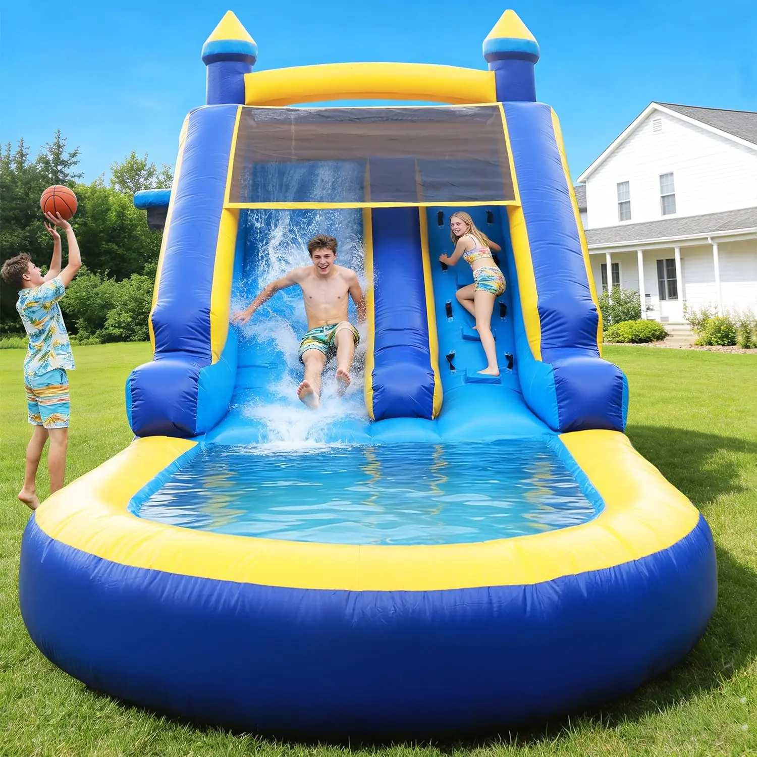 GREGInflatable Water Slide Commercial Grade: Water Bounce House for Adults and Teenagers - Big Pool, Premium PVC, Wet & Dry, Blower Included - for Backyard Outdoor Birthday Party, Castle Style