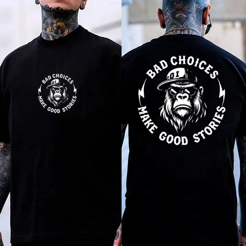 Vintage Gorilla Graphic Tee 100% Cotton Front Logo Back Print Streetwear Retro T-Shirt