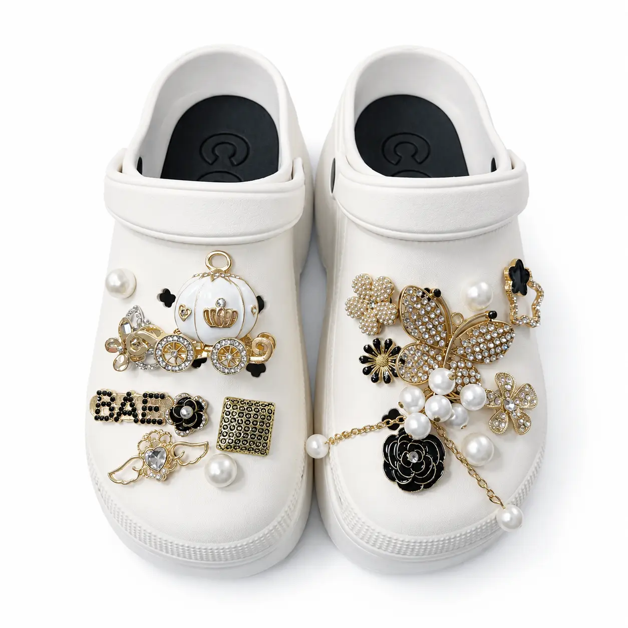 Women’s Platform Clogs with Pearl Rhinestone Charms, Gold Butterfly Flower Decor, Lightweight Slip-On Beach Garden Shoes