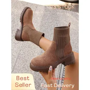 Women’s Brown Thickened Suede Patchwork Chelsea Boots, Comfortable Elastic Ankle Slip-On Boots