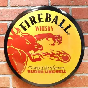 Fireball Whisky Dome Button Sign, Wall Decor for Garage Bar Or Pub, Ideal for Whiskey Enthusiasts
