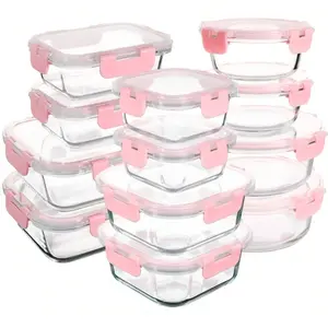 24PCS (12containers+12lids) High Borosilicate Glass Food Storage Containers Set, Glass Food Meal Prep Containers With Leakproof Airtight Lids, Perfect For Lunch, On The Go, Leftover, Kitchen Pantry Organizers And Storage Bento Box Portable Utensils Pink