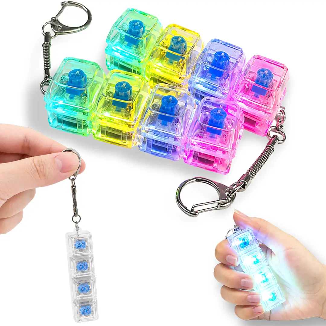 Light Sound Keyboard Adult Fidget Toy Clicker Toy 4-in-1 Keyboard Fidget Keychain Cube Mechanical Key Button Clicker Stress Relief Gift for Office School Home (Clear Colors)