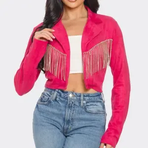 Suede Fringe Jacket - Casual Women's Wear with Fluffy Fringe Detail and Button Closure - Womenswear Coats Tops Outerwear Fashion Smooth Soft