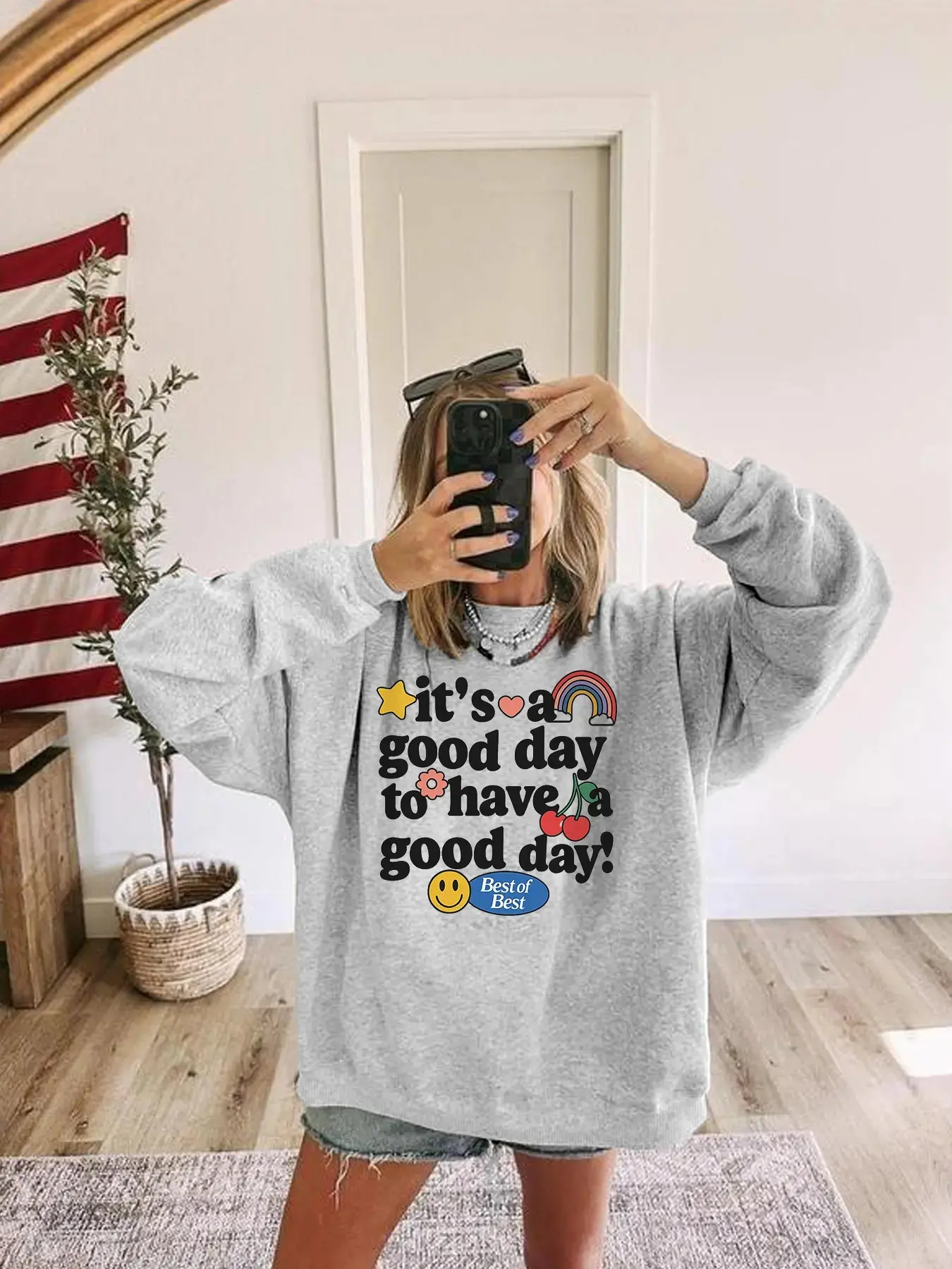 Good Day Sweatshirt - It's a Good Day Sweater Letter Graphic Sweatshirt, Aesthetic Graphic Pullover, Printed Women's Round Neck Long Sleeve Drop Shoulder Pullover Casual Loose-Fit Tops, Fall Winter Blouse Daily Wear