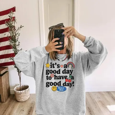 Good Day Sweatshirt - It's a Good Day Sweater Letter Graphic Sweatshirt, Aesthetic Graphic Pullover, Printed Women's Round Neck Long Sleeve Drop Shoulder Pullover Casual Loose-Fit Tops, Fall Winter Blouse Daily Wear