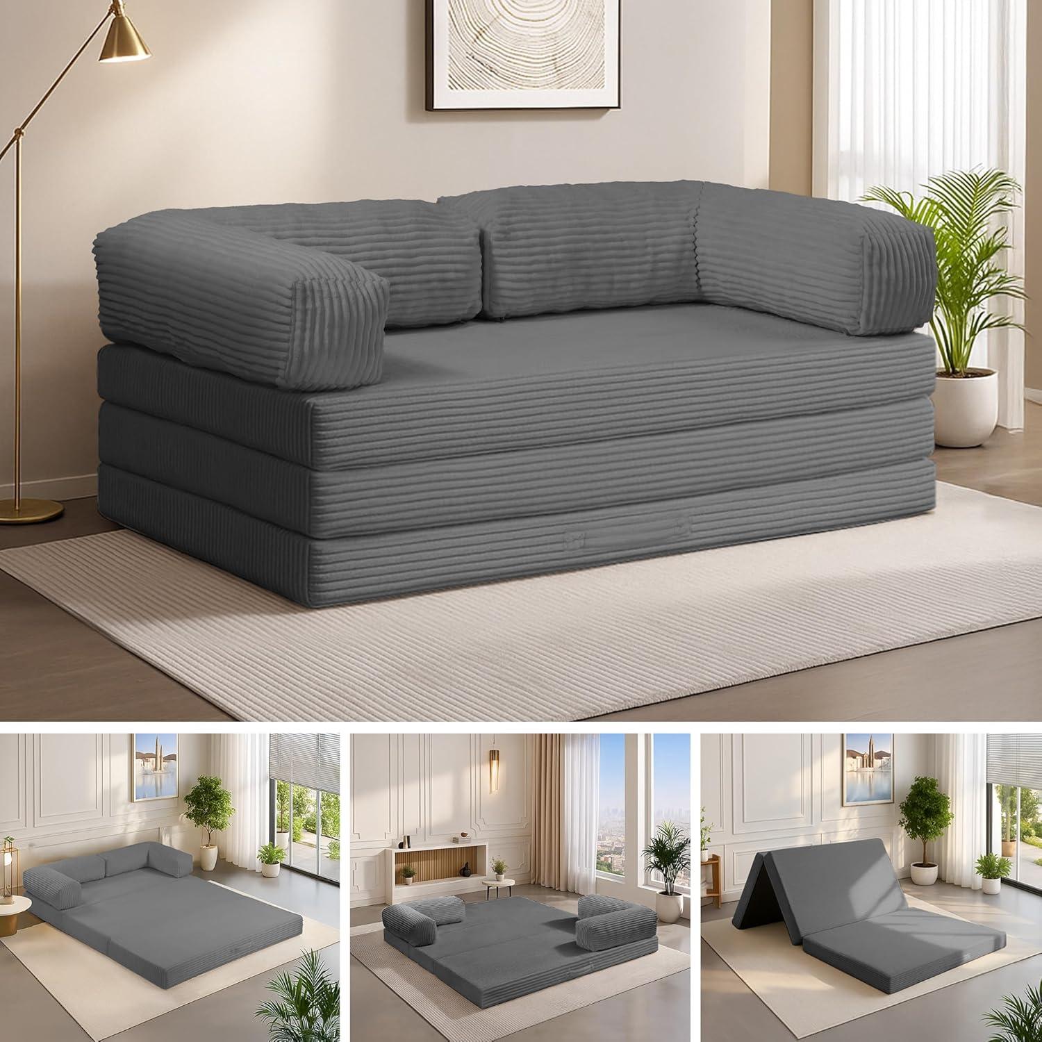Winzoo 5-in-1 Convertible Sofa Bed,Boneless Couch Tri Folding Floor Mattress with Removable L-Shaped Armrests & Handle,Corduroy Futon Couch Sleeper with Pull Out Bed for Living Room Bedroom Apartment
