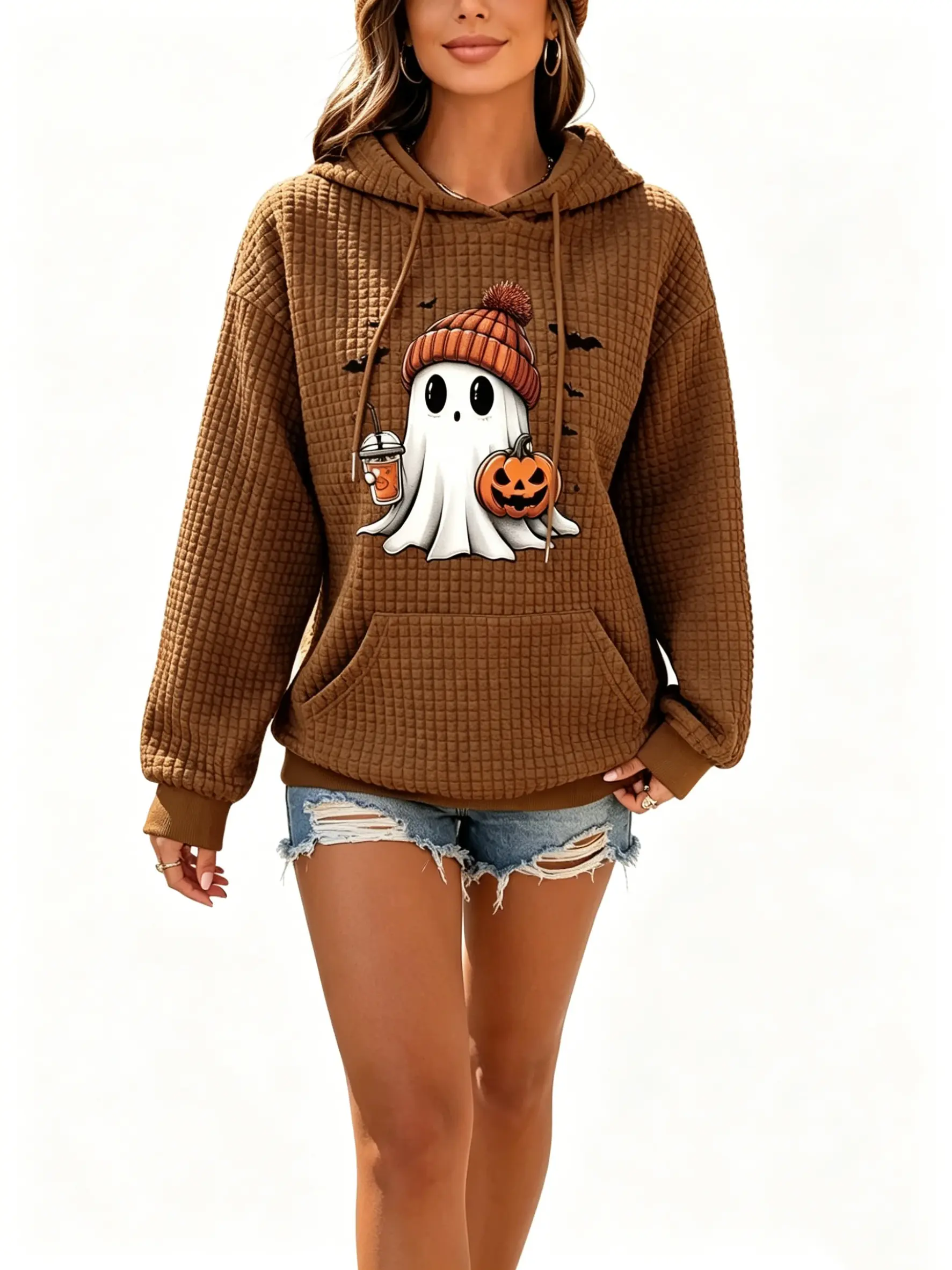 Women Fashion Hoodies Sweatshirts Waffle Loose Knit Pullover Pumpkin Print Long Sleeve Sweater Hooded Neck,Soft Drawstring Hoodie for Women Casual Wear