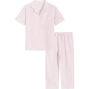 Latuza Women's Seersucker Capri Pajama Set Cotton Button Up Top Capris Pj Set