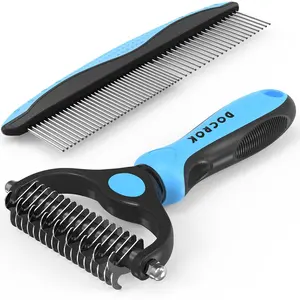 Pet Grooming Combo - Blue Deshedding Brush with Metal Comb for Detangling and Dematting Long, Matted Fur on Cats and Dogs Docrok