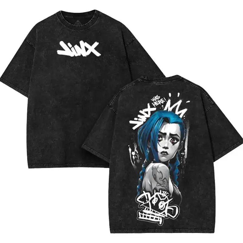 Halloween/Easter shirts Retro Vintage Jinx x Powder Arcane: League of Legends Washed T-shirt Game Cotton, FPS, Game Lover Unisex Clothes Menswear streetwear t-shirt clothes 90s graphic good tees Casual American Short Sleeve Unisex T-shirt,Gym & Streetwear