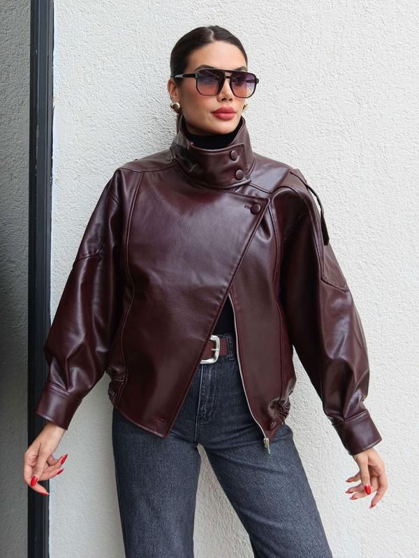 Faux Leather Stand Collar Oversized Moto Jacket, Elastic Hem Streetwear, Casual Long Sleeve Water- and Wind-Resistant Outerwear for Spring & Fall, Ladies Clothes for Daily Wear, Chic Outerwear