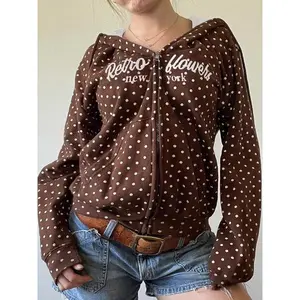 Women's Fall Winter Polka Dot Hoodie Jacket, American Retro Style Letter Print Casual Loose Fit Sweatshirt Coat