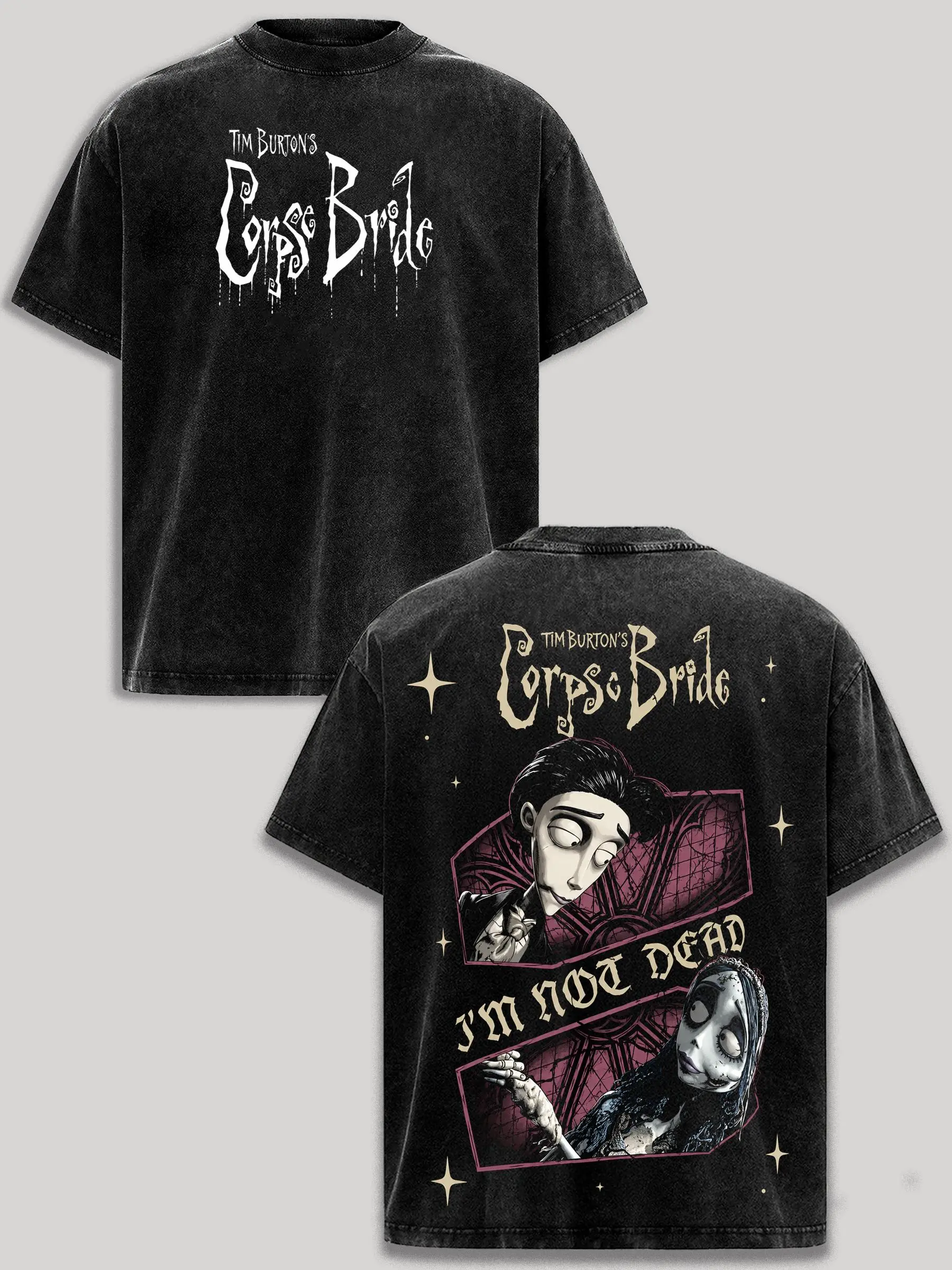 Tim Burton's Corpse Bride Vintage Washed T-Shirt Gothic Romance Graphic Tee Emily Victor Movie Shirt Dark Fantasy Halloween Emo Goth Oversized Heavyweight Cotton Acid Wash Black Unisex Streetwear Retro Gift