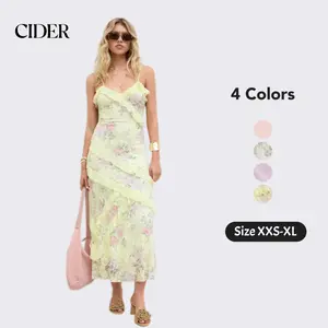 Cider Maxi Dress – Lace V-Neck Floral Ruffle Polyamide Stretch Romantic Women’s Summer Vacation Beach Party Gown, Floral Embroidery Slim Fit Long Dress for Spring