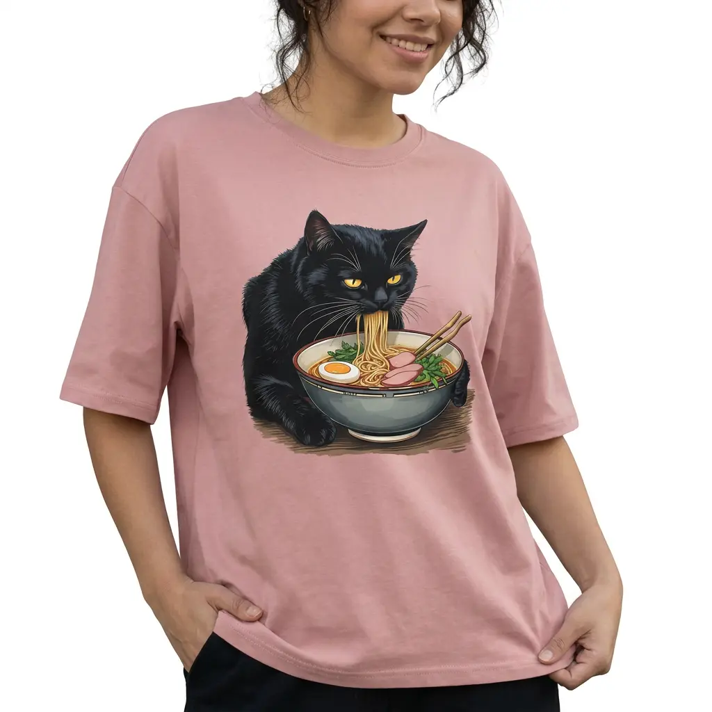 Black Cat Ramen Shirt Women Cute Graphic Tee Plus Size Casual Top