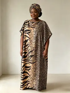 Wild Leopard & Zebra Print Kaftan Set, 2pcs Long Robe and Headscarf, Wrap Skirt, Bold Vacation & Beach, One Size Fits All