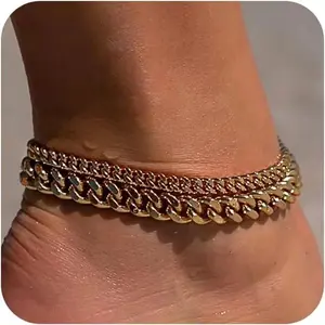 Chunky Cuban Link Anklet for Women Gold Layered Chain Anklet Adjustable Length Waterproof Beach Summer Jewelry Gift