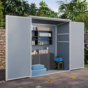 【2 Packages ship separately】 5 x 3 FT Outdoor Storage Shed Resin Material with Floor & Lockable Doors Waterproof Plastic Tool Shed for Backyard Garden Patio Lawn Grey Modern Organizer - Furniture