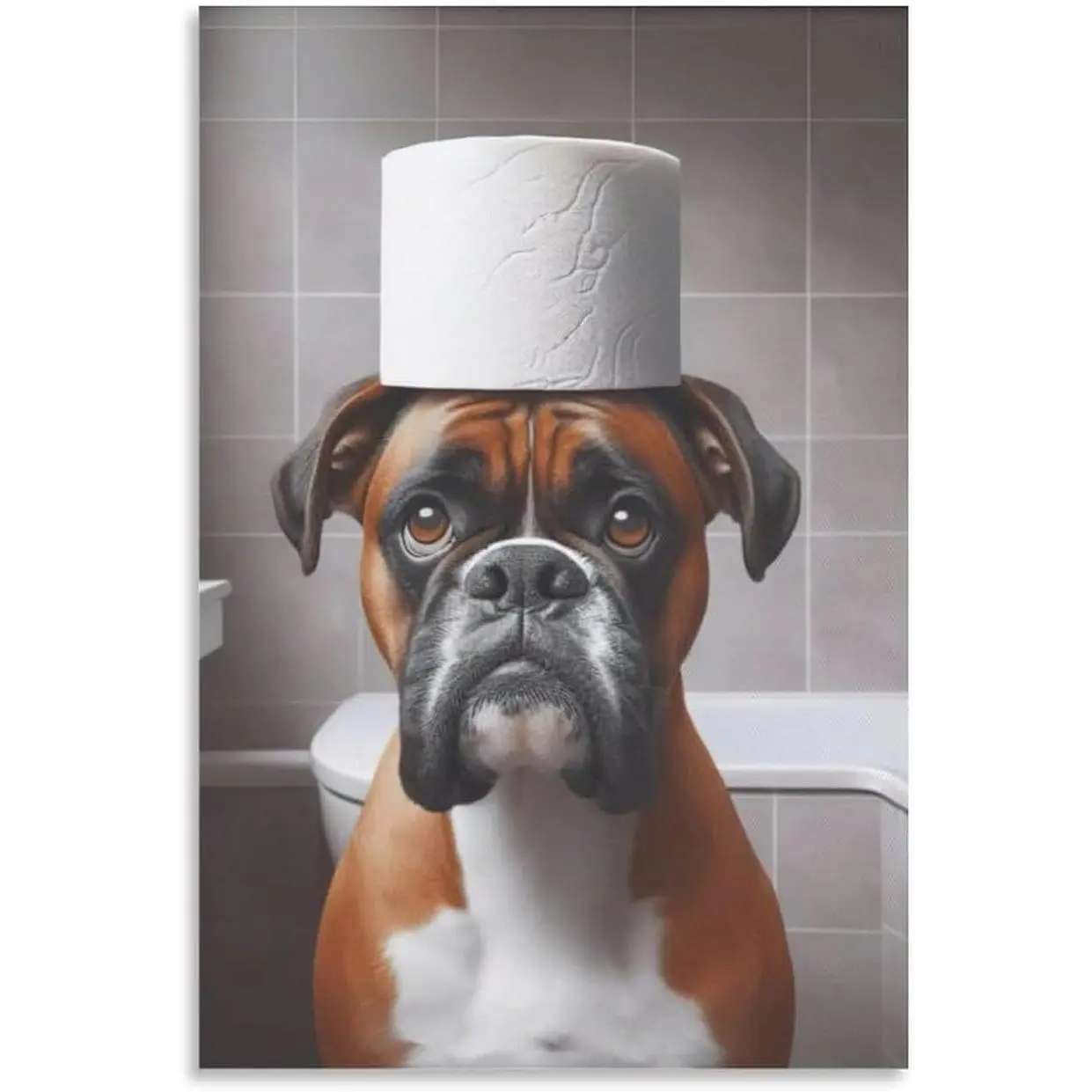 Funny Boxer Dog Bathroom Wall Art - Animals Canvas Print with Toilet Paper on Head, Bathroom Inspo Decor for Apartment & Dorm, 16x24in(40x60cm) Framed Poster Ornament