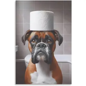 Boxer Dog Bathroom Wall Art Funny Dog with Toilet Paper on Head - Whimsical Animal Canvas Print for Bathroom, Apartment, Or Dormitory Decor 16x24inch(40x60cm) - Wall Art Canvas Painting Artistic Poster Decoration Photo Ornaments Frame-.